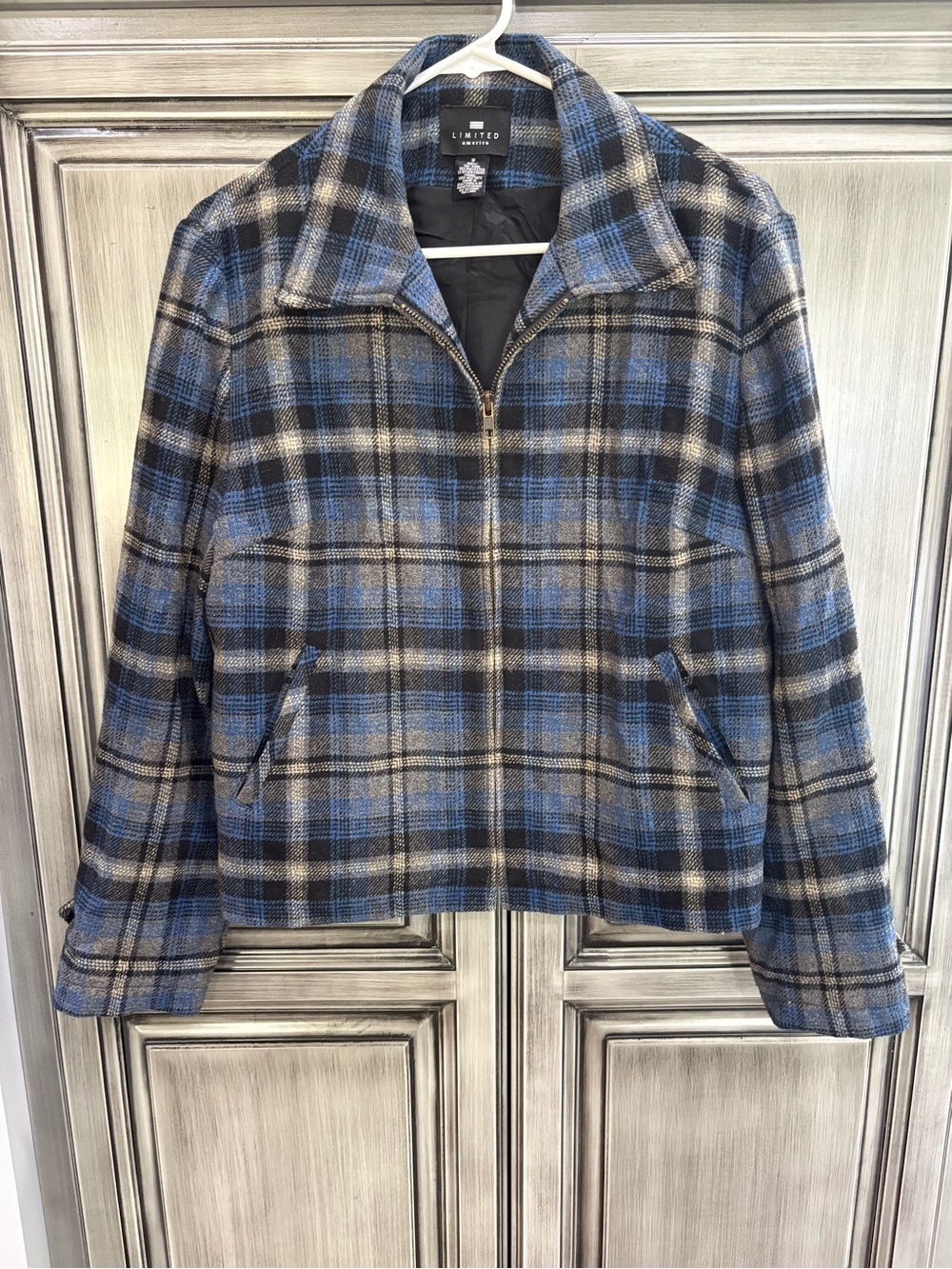 The Limited Blue and Gray Plaid Zip Cropped Jacket